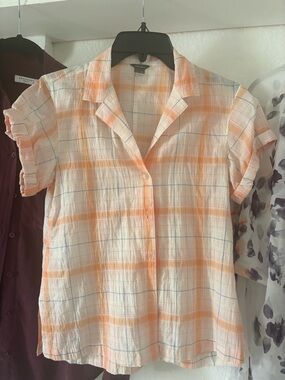 Eddie Bauer Lightweight Orange & White Plaid Button Front Top